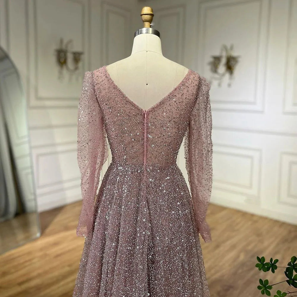 Vestido de noche árabe rosa, elegante, de manga larga, con cuentas, para mujer, para boda, fiesta, 2025, LA72521