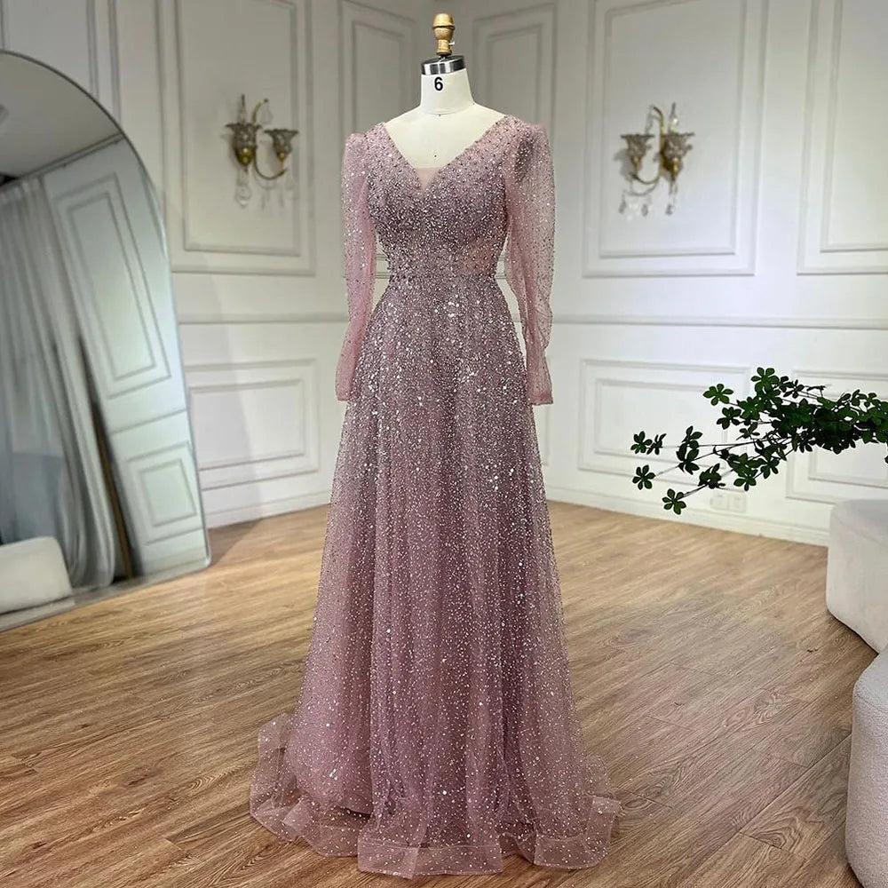 Vestido de noche árabe rosa, elegante, de manga larga, con cuentas, para mujer, para boda, fiesta, 2025, LA72521