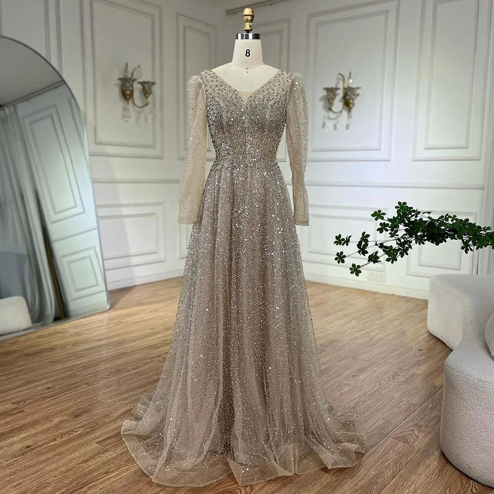 Vestido de noche árabe rosa, elegante, de manga larga, con cuentas, para mujer, para boda, fiesta, 2025, LA72521
