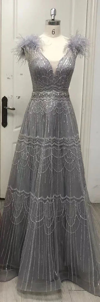 Vestido de noche árabe rosa, elegante, de lujo, con plumas y cuentas para mujer - Boda 2025 LA72608