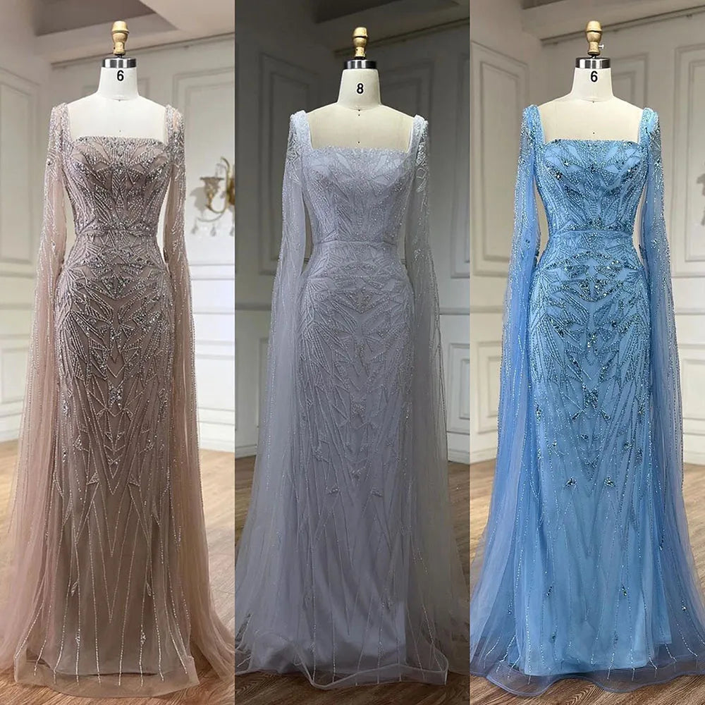Vestidos de noche de lujo en rosa nude con mangas estilo capa LA72261