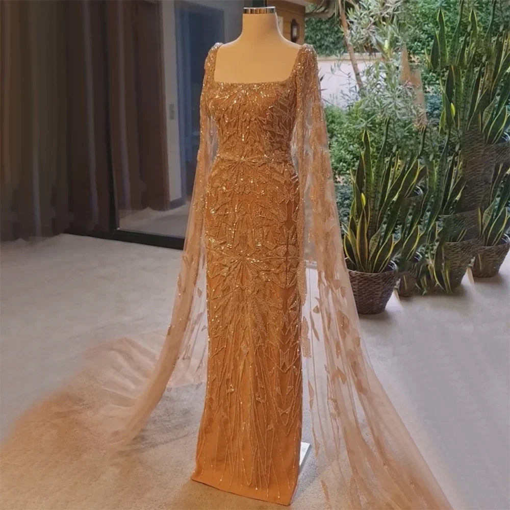 Vestidos de noche de lujo en rosa nude con mangas estilo capa LA72261