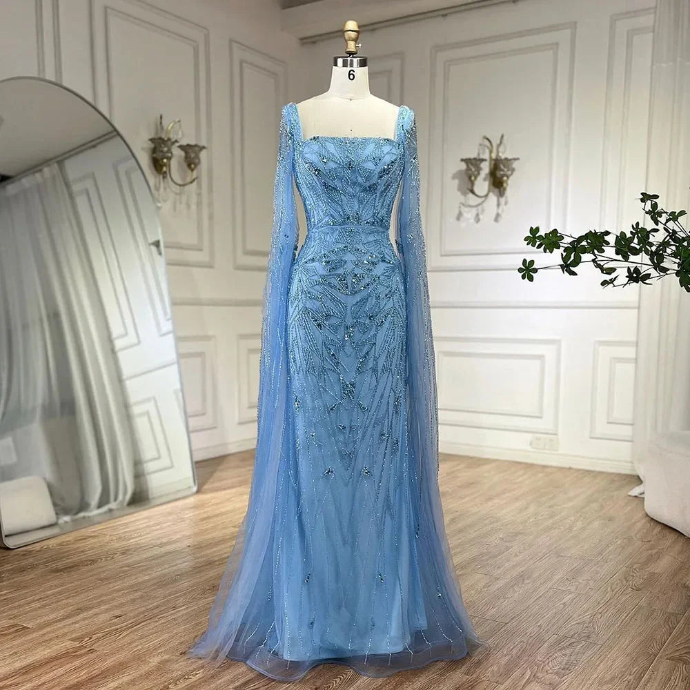 Vestidos de noche de lujo en rosa nude con mangas estilo capa LA72261