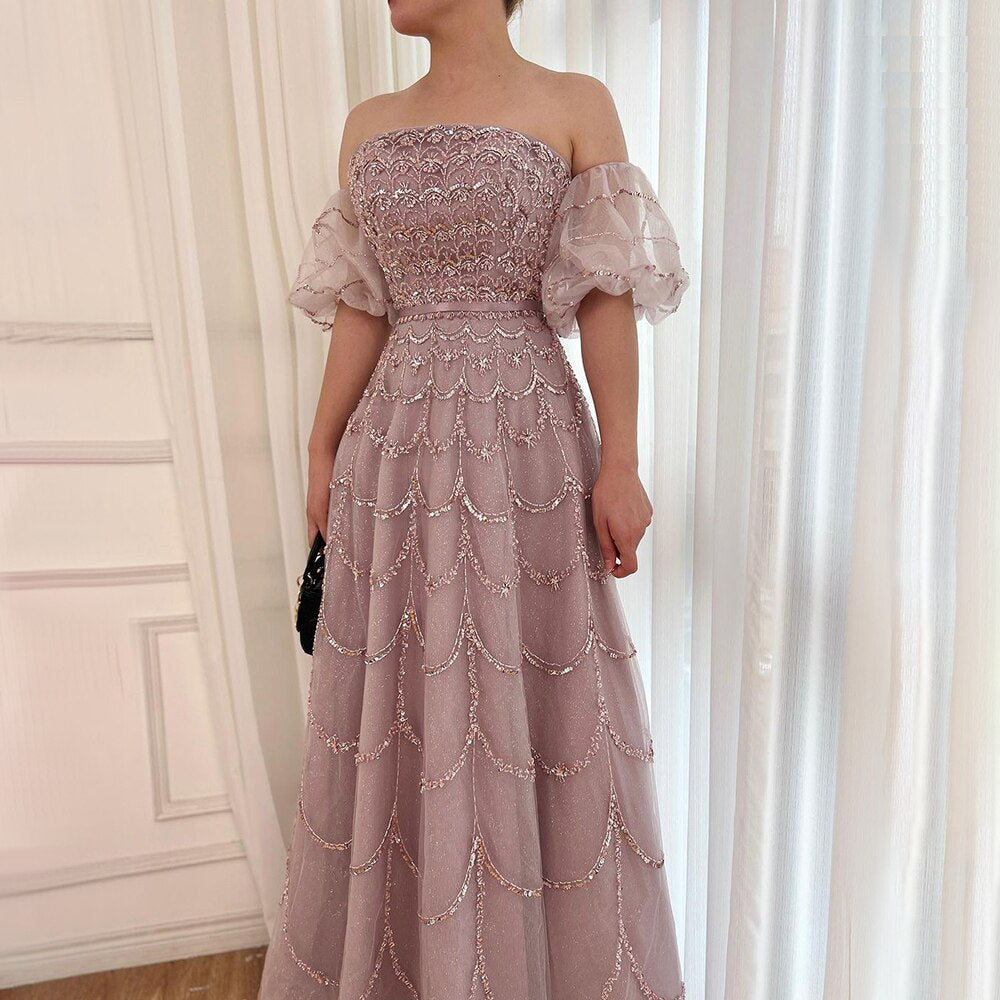 Vestido de noche largo, elegante, estilo sirena, sexy, sin tirantes, con cuentas, color rosa árabe, para mujer, para fiesta de boda 2025 LA72130