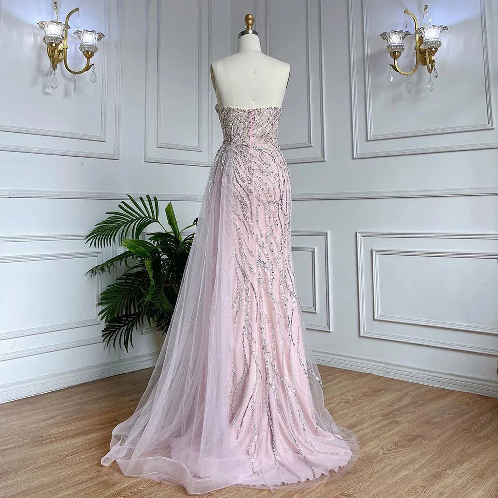 Vestidos de noche elegantes de sirena árabe rosa de lujo con cuentas y sin tirantes 2025 para mujer fiesta LA71795