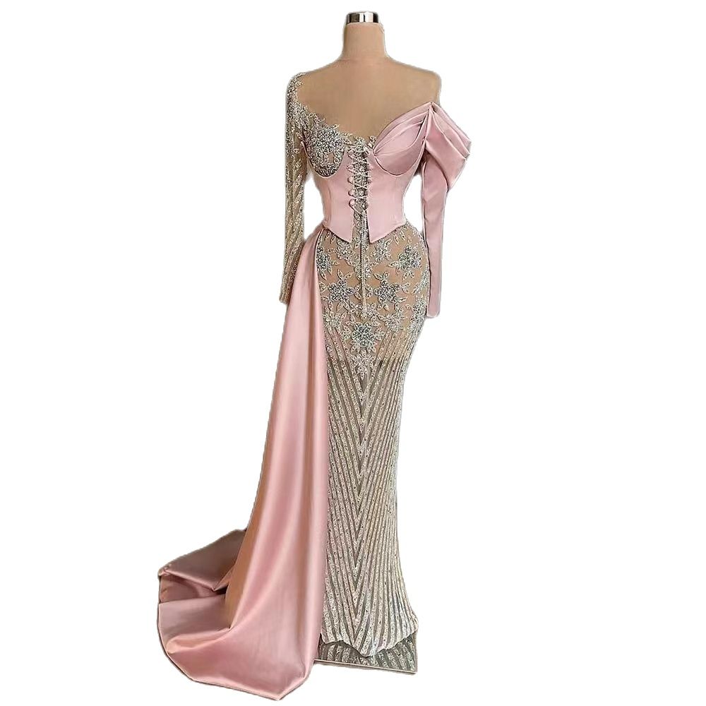 Arabisch Rosa Satin Meerjungfrau Elegant Mit Überrock Perlen Abendkleider Kleider 2025 Für Frauen Hochzeit Party LA71946