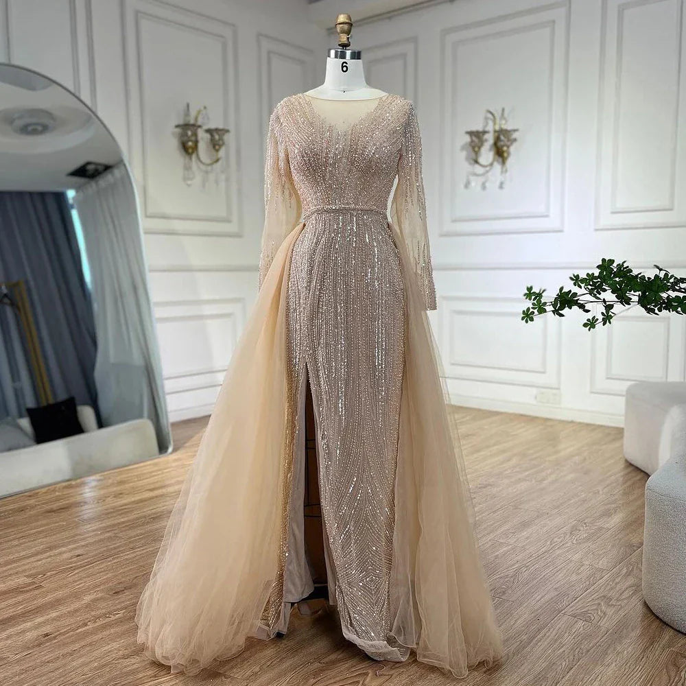 Vestidos de noche árabes de sirena con sobrefalda y cuentas, color rosa, de lujo, para bodas de mujer, LA72584