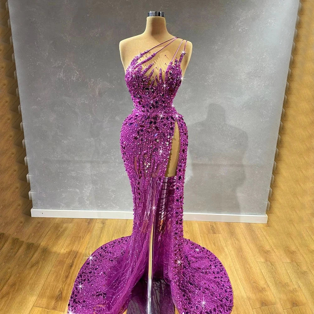 Vestido de noche de lujo con escote sirena, un hombro, abertura alta y cuentas, estilo árabe morado, para mujer, fiesta 2025, LA71820