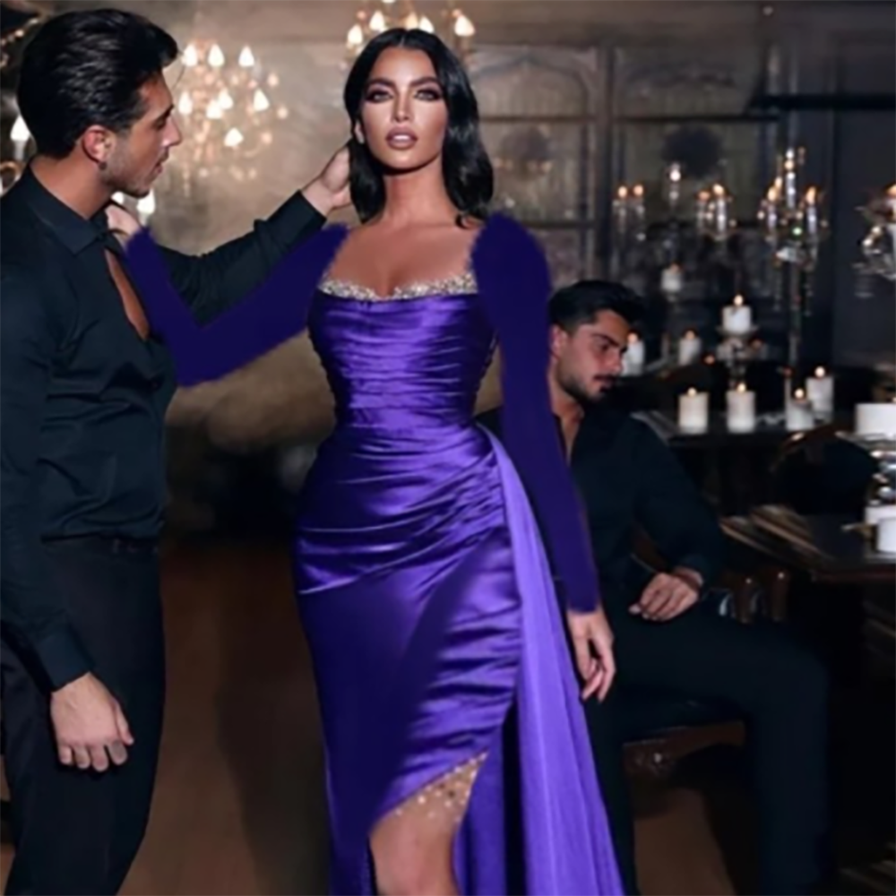 Vestido de noche estilo sirena, sexy, de satén morado y árabe, con abertura alta y sobrefalda, para mujer, 2025, para fiesta, LA71956