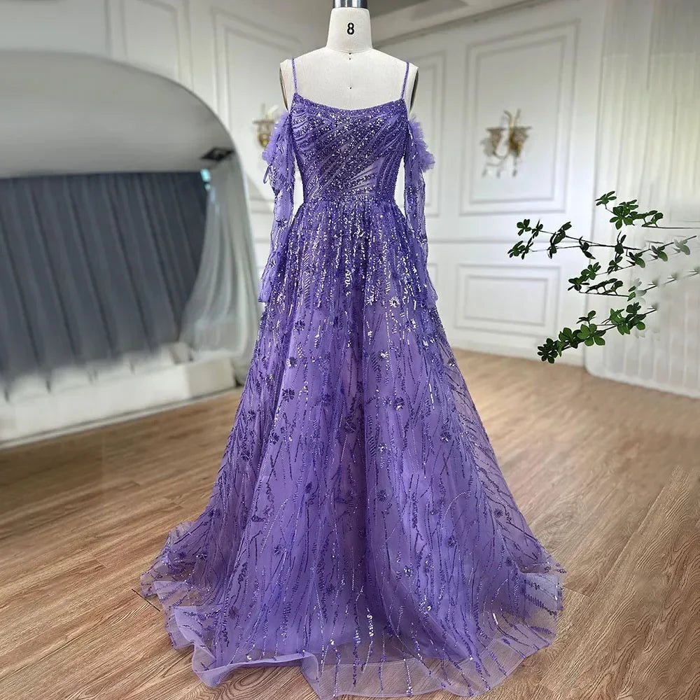 Vestido de noche árabe morado sexy con tirantes finos, mangas largas y cuentas, corte A, estilo Dubái, 2025, LA72234