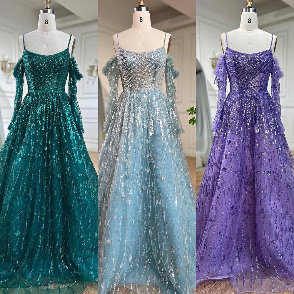 Vestido de noche árabe morado sexy con tirantes finos, mangas largas y cuentas, corte A, estilo Dubái, 2025, LA72234