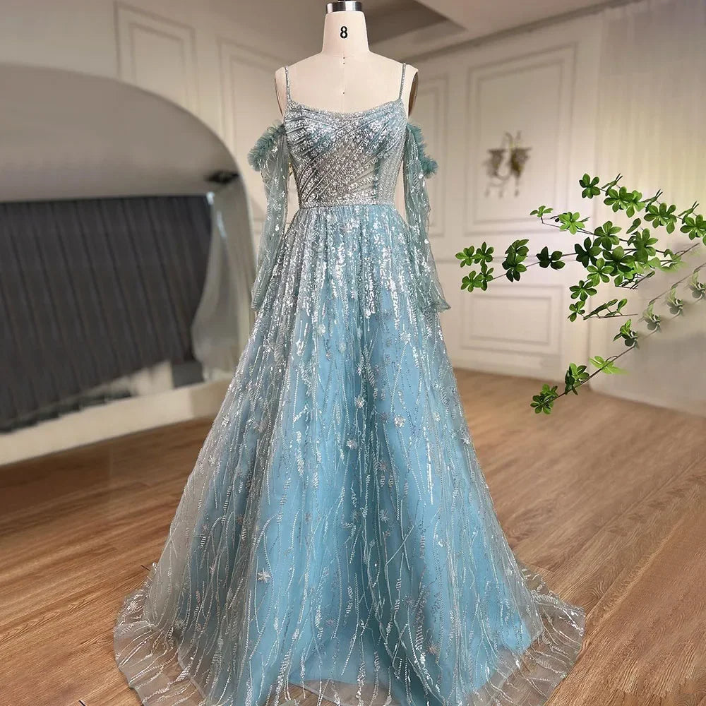 Vestido de noche árabe morado sexy con tirantes finos, mangas largas y cuentas, corte A, estilo Dubái, 2025, LA72234