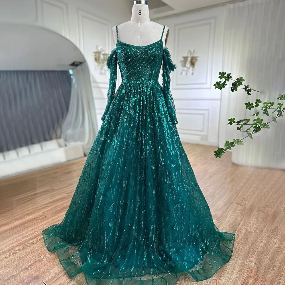 Vestido de noche árabe morado sexy con tirantes finos, mangas largas y cuentas, corte A, estilo Dubái, 2025, LA72234