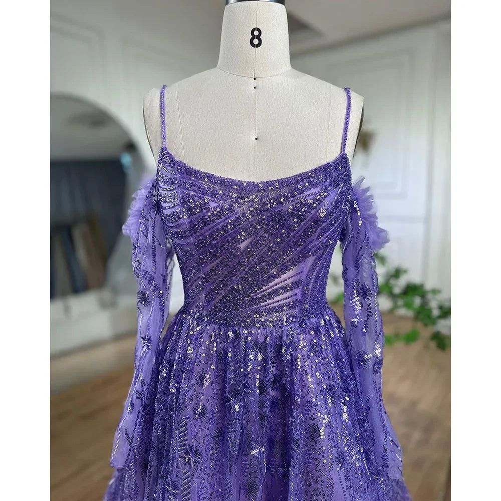 Vestido de noche árabe morado sexy con tirantes finos, mangas largas y cuentas, corte A, estilo Dubái, 2025, LA72234