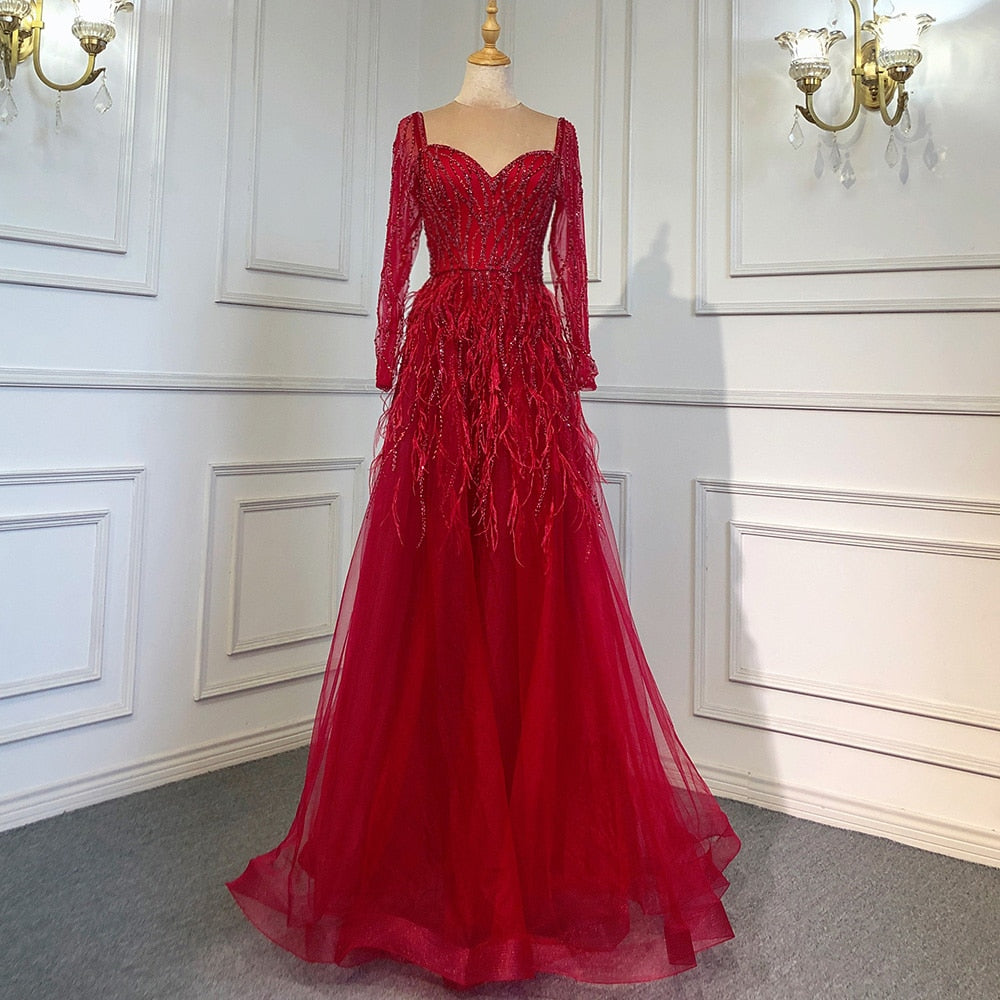 Vestido de noche árabe de lujo con cuentas y plumas, hecho a mano, 2025 LA71468