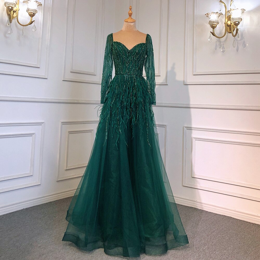 Vestido de noche árabe de lujo con cuentas y plumas, hecho a mano, 2025 LA71468