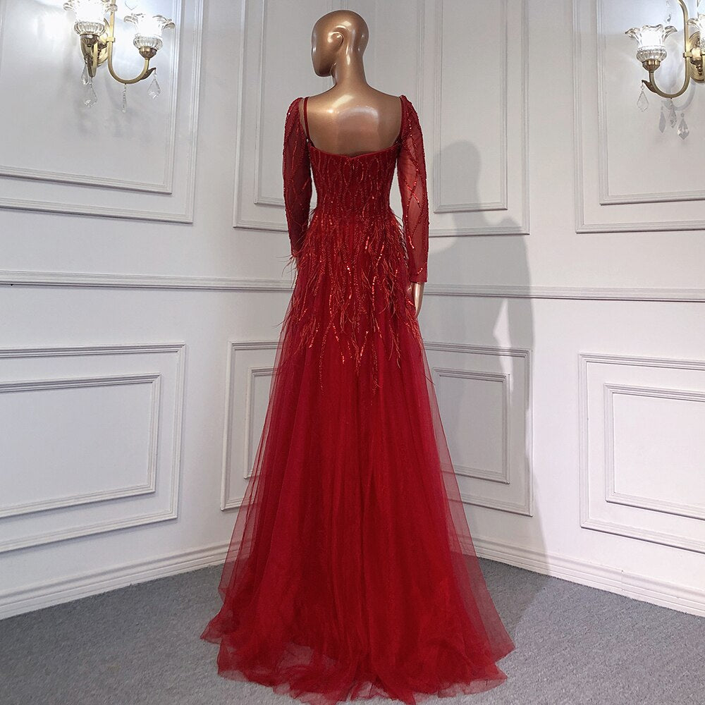 Vestido de noche árabe de lujo con cuentas y plumas, hecho a mano, 2025 LA71468