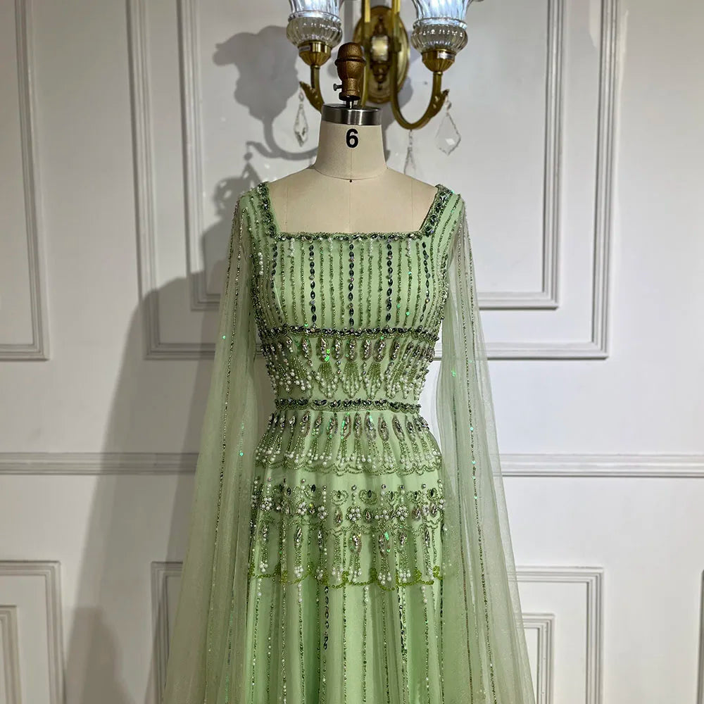 Arabic Sage Green A-Line Beaded Luxury Dubai Long Evening Gown with Cape Sleeves for Women - Party 2025 LA72595