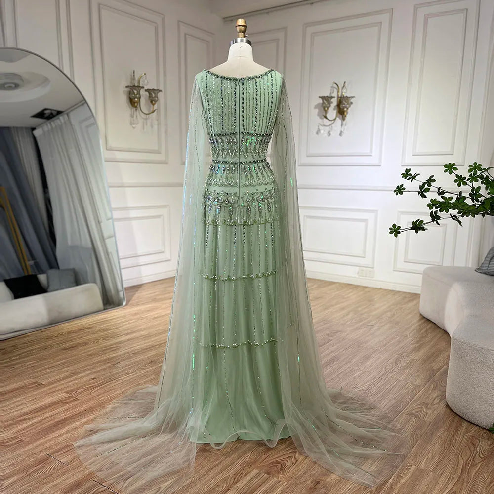 Arabic Sage Green A-Line Beaded Luxury Dubai Long Evening Gown with Cape Sleeves for Women - Party 2025 LA72595