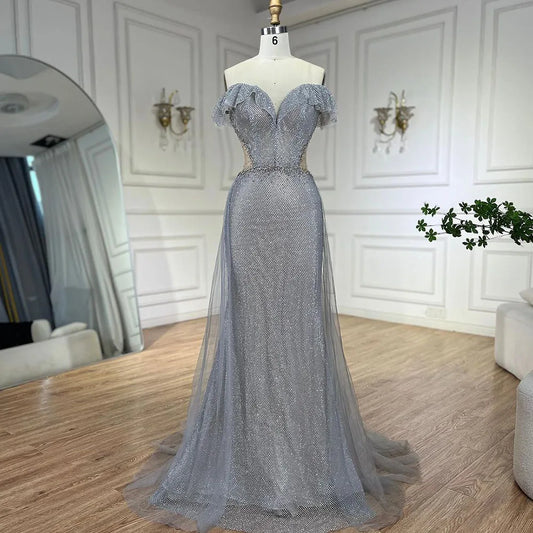 Vestidos de noche árabes plateados con cola desmontable, vestidos de sirena brillantes de lujo 2025 para fiesta femenina, LA70813