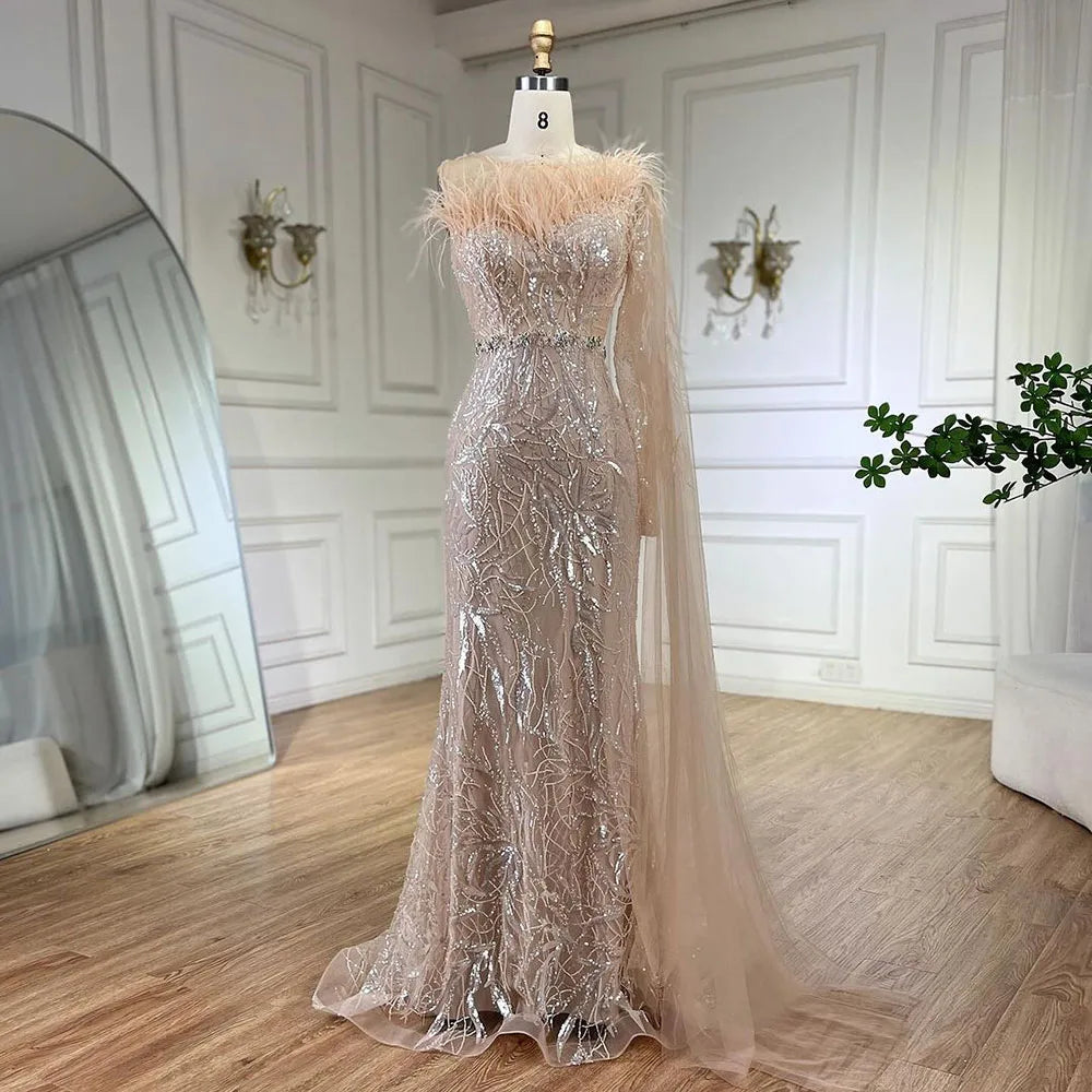 Arabisch Silber Grau Eine Schulter Meerjungfrau Langen Mantel Perlen Abendkleider Kleider für Frauen Hochzeit Party 2025 LA72446