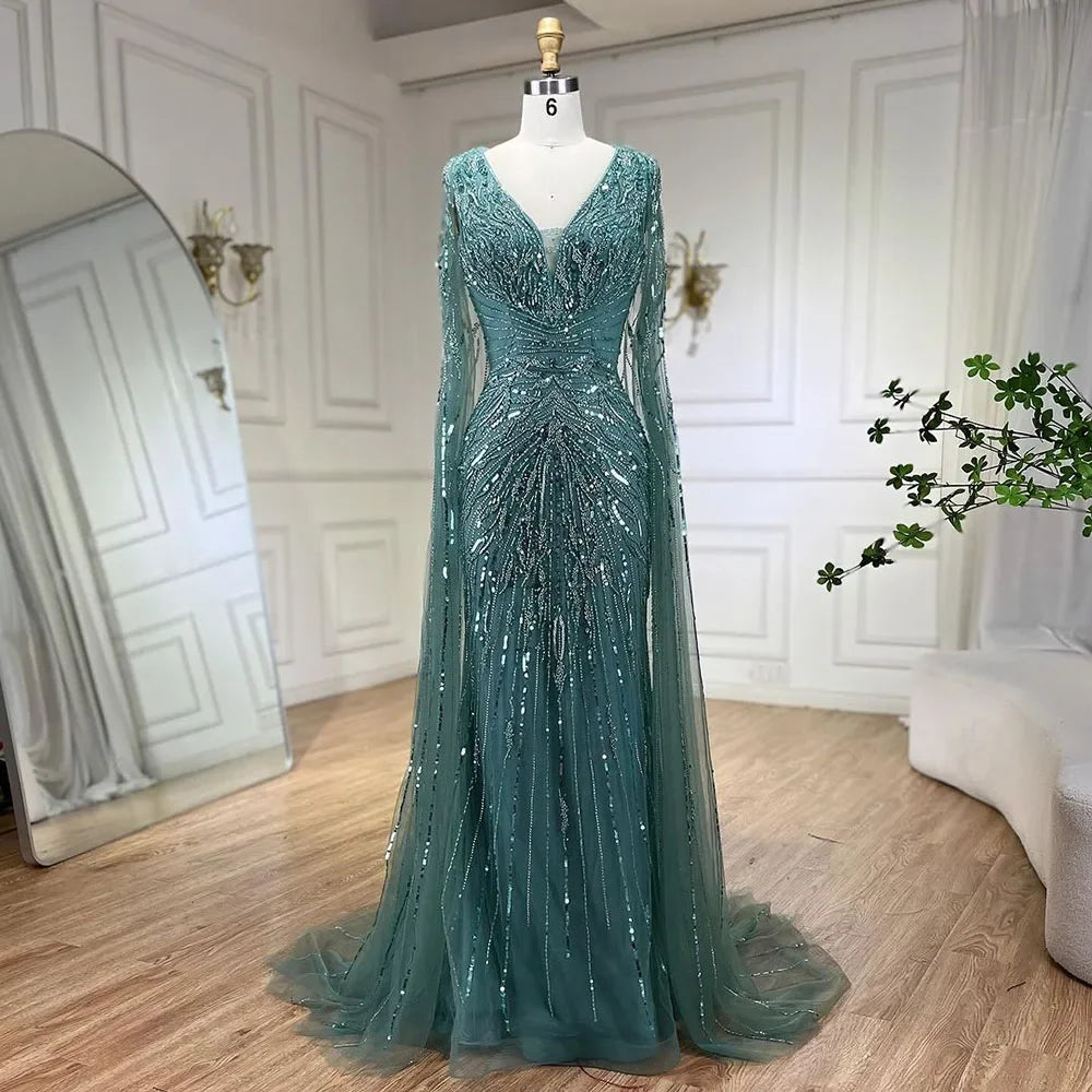 Luxuriöses Abendkleid im Meerjungfrauen-Stil aus Dubai mit Cape und V-Ausschnitt LA72239