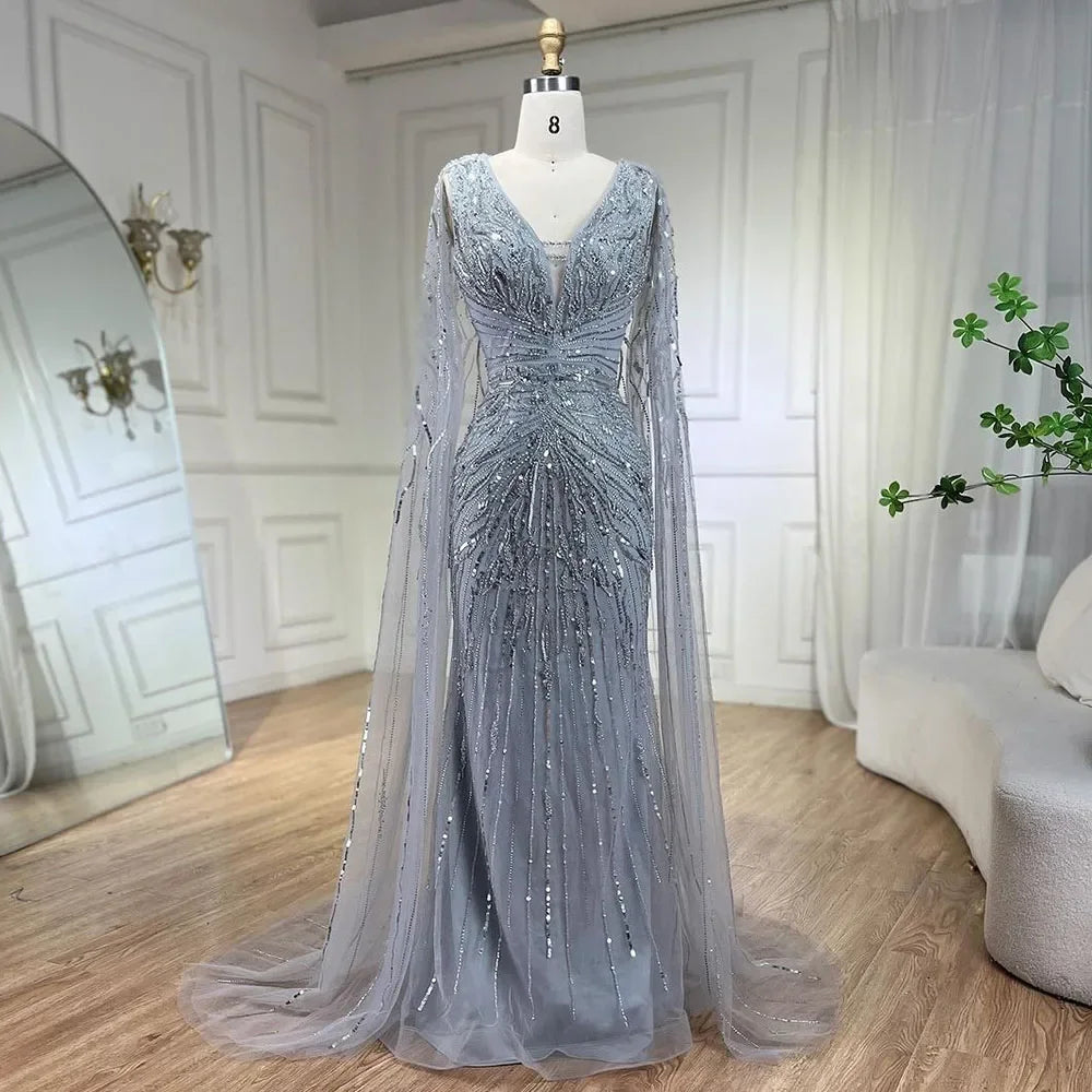 Luxuriöses Abendkleid im Meerjungfrauen-Stil aus Dubai mit Cape und V-Ausschnitt LA72239