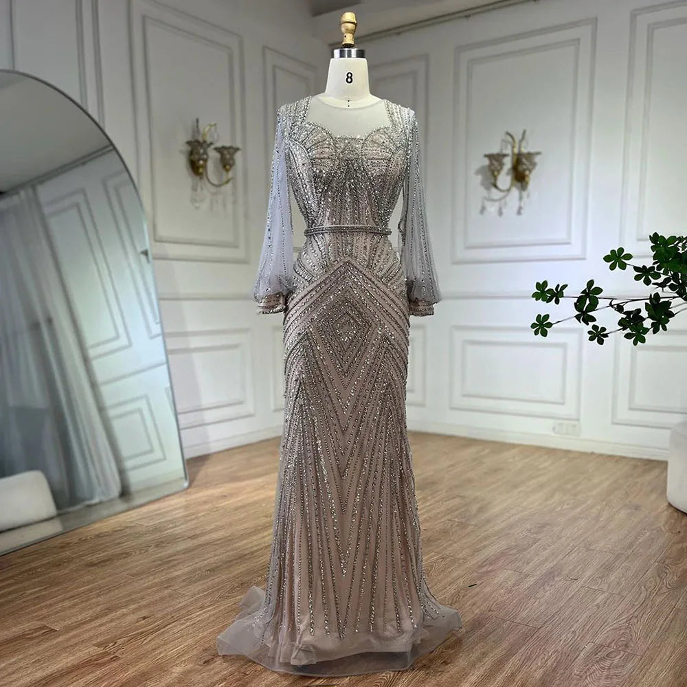 Vestidos de noche elegantes de sirena con cuentas, color nude y plata árabe, de lujo, estilo Dubái, para mujer, para boda, fiesta, 2025, LA72017