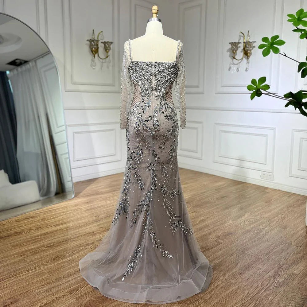 Vestido de noche elegante estilo sirena árabe color plata nude con cuentas de lujo estilo Dubái para mujer, para fiesta de bodas 2025 LA72513