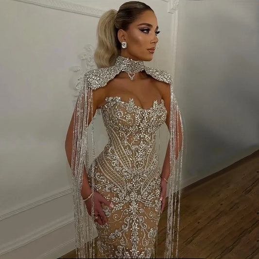 Vestido de noche árabe de lujo con cuentas, sirena, sin tirantes y borlas, LA72237