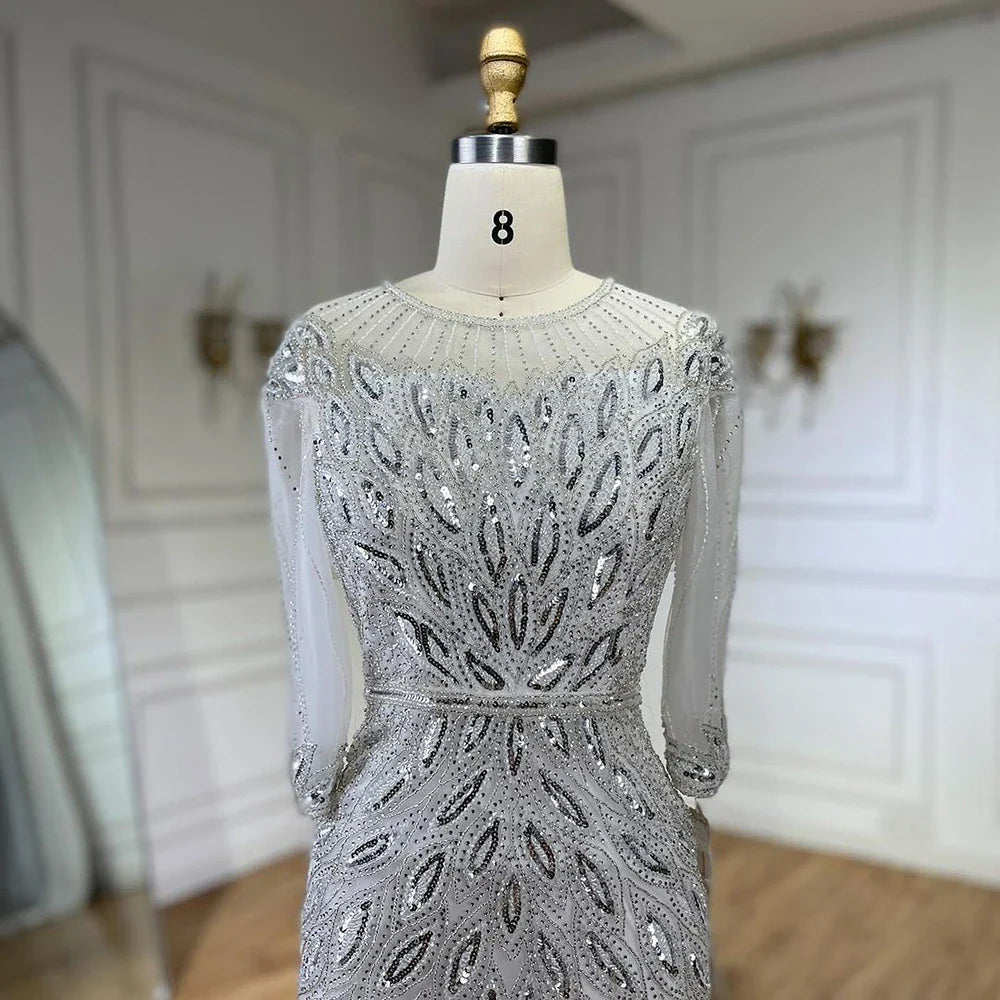 Vestido de noche árabe blanco plateado de lujo con cuentas de Dubái, largo hasta los tobillos, para mujer, fiesta de boda 2025 LA71999S