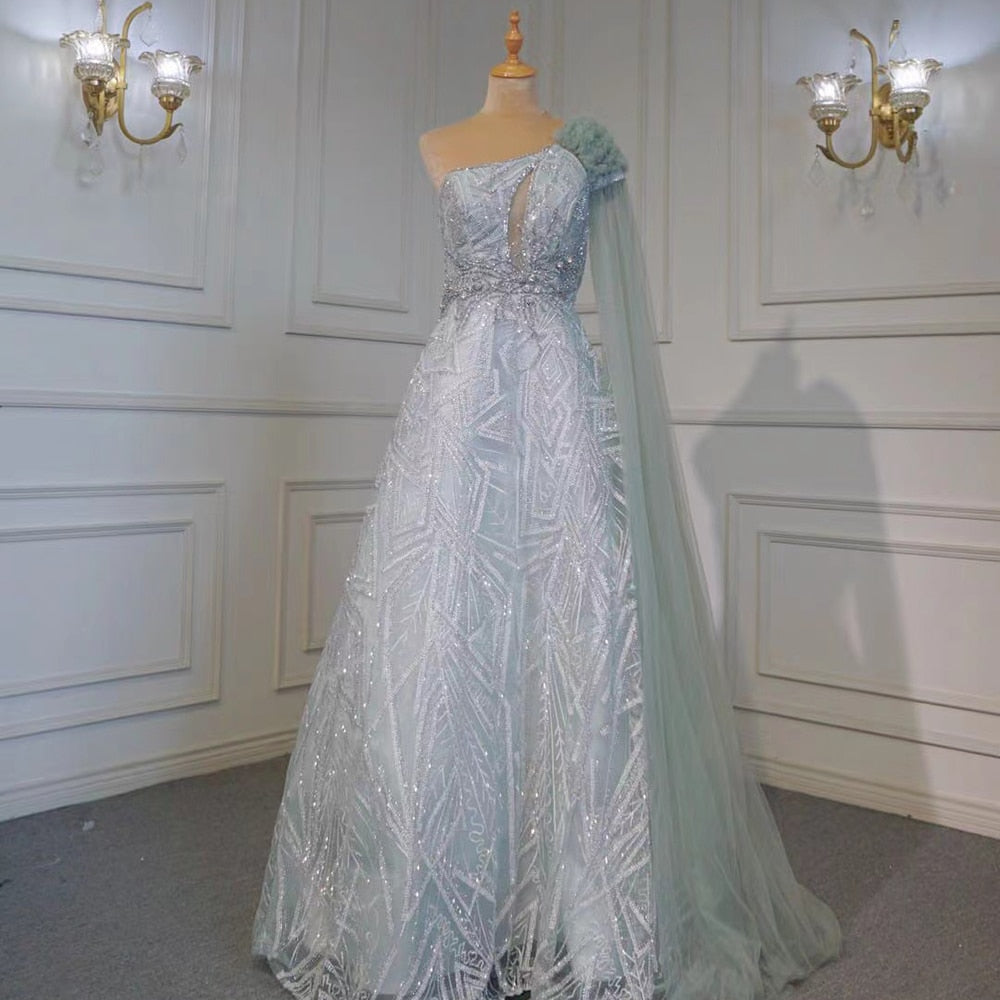Vestido de noche árabe turquesa, corte A, sexy, de un solo hombro, con mangas tipo capa, de lujo, con cuentas, para mujer, fiesta, LA71741, 2025
