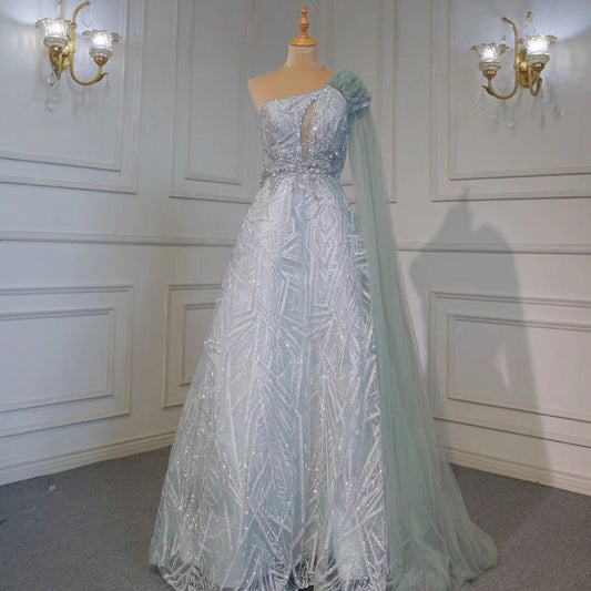 Vestido de noche árabe turquesa, corte A, sexy, de un solo hombro, con mangas tipo capa, de lujo, con cuentas, para mujer, fiesta, LA71741, 2025