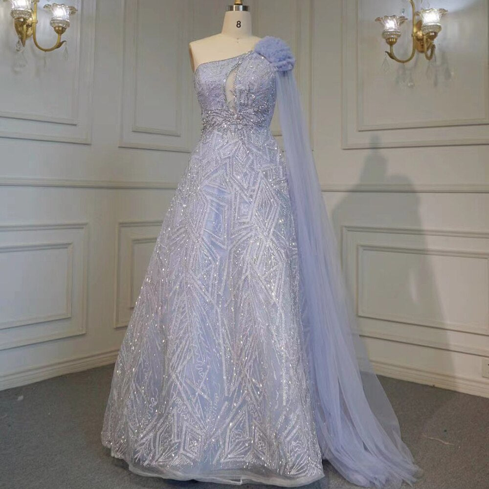 Vestido de noche árabe turquesa, corte A, sexy, de un solo hombro, con mangas tipo capa, de lujo, con cuentas, para mujer, fiesta, LA71741, 2025