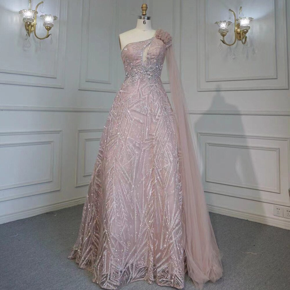 Vestido de noche árabe turquesa, corte A, sexy, de un solo hombro, con mangas tipo capa, de lujo, con cuentas, para mujer, fiesta, LA71741, 2025