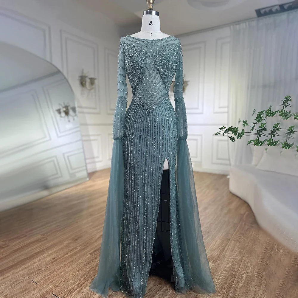 Vestido de noche elegante de lujo con mangas estilo capa y cuentas de sirena turquesa árabe para mujer, ideal para bodas 2025 LA72246