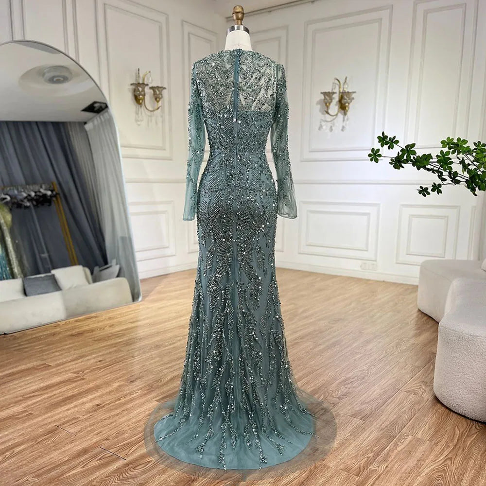 Luxuriöses Dubai Türkis Meerjungfrau Abendkleid mit Tüll LA72601