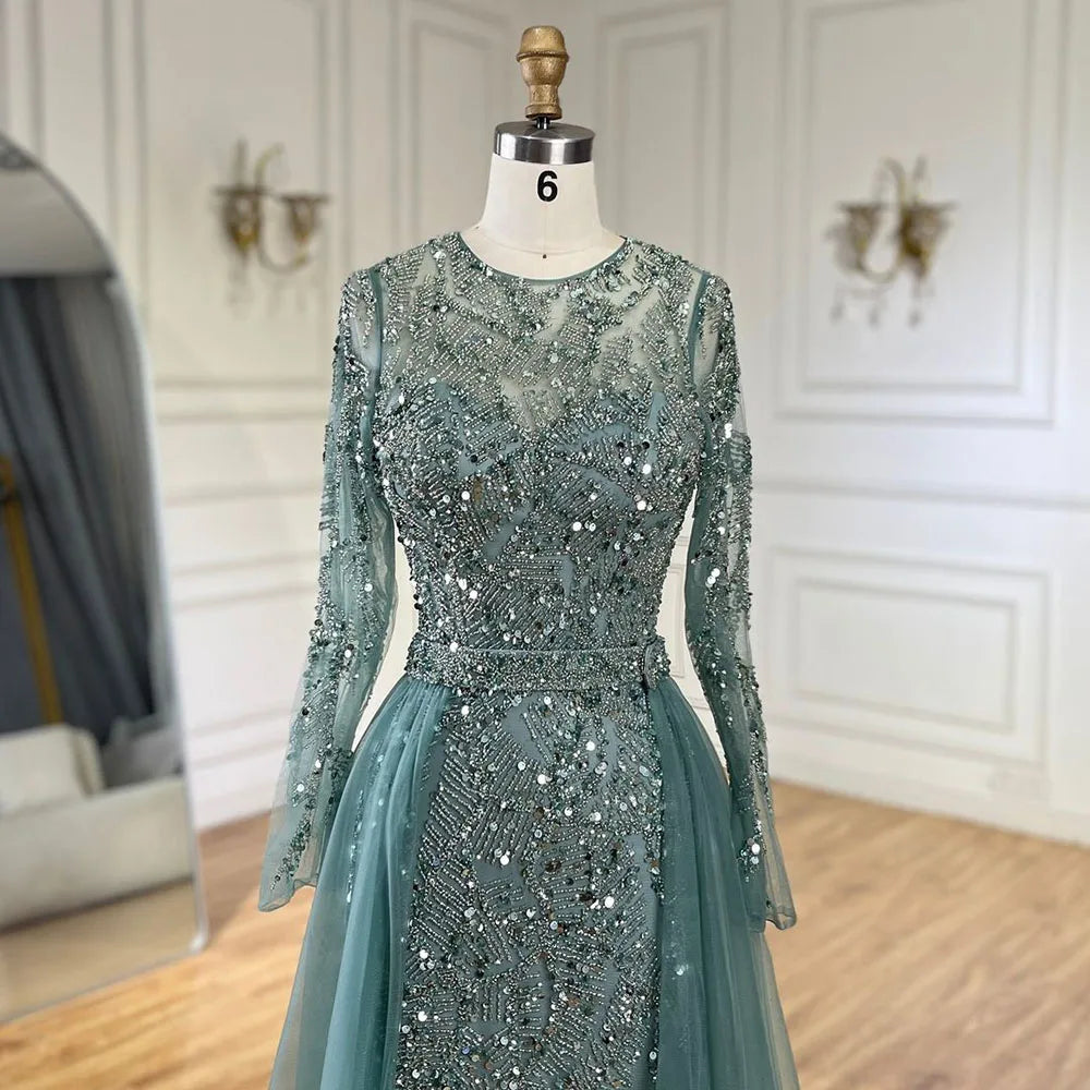 Luxuriöses Dubai Türkis Meerjungfrau Abendkleid mit Tüll LA72601