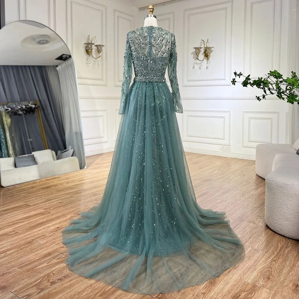 Luxuriöses Dubai Türkis Meerjungfrau Abendkleid mit Tüll LA72601