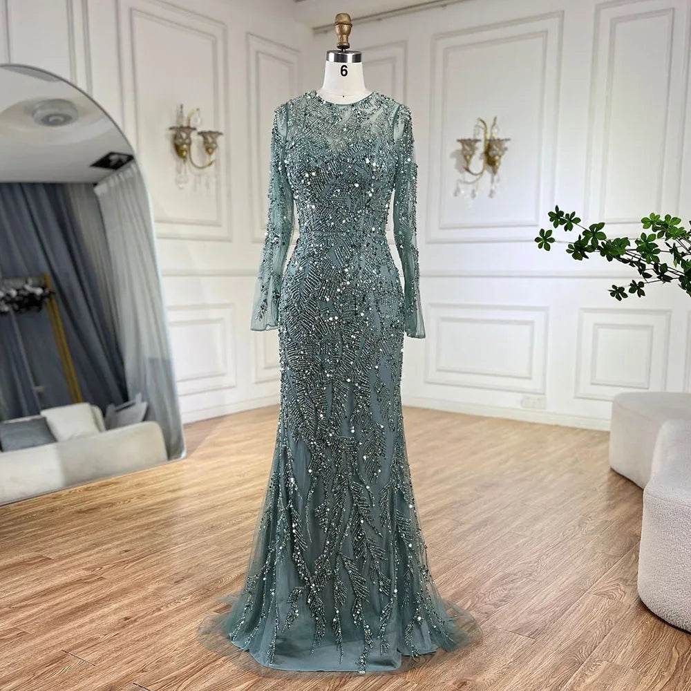 Luxuriöses Dubai Türkis Meerjungfrau Abendkleid mit Tüll LA72601