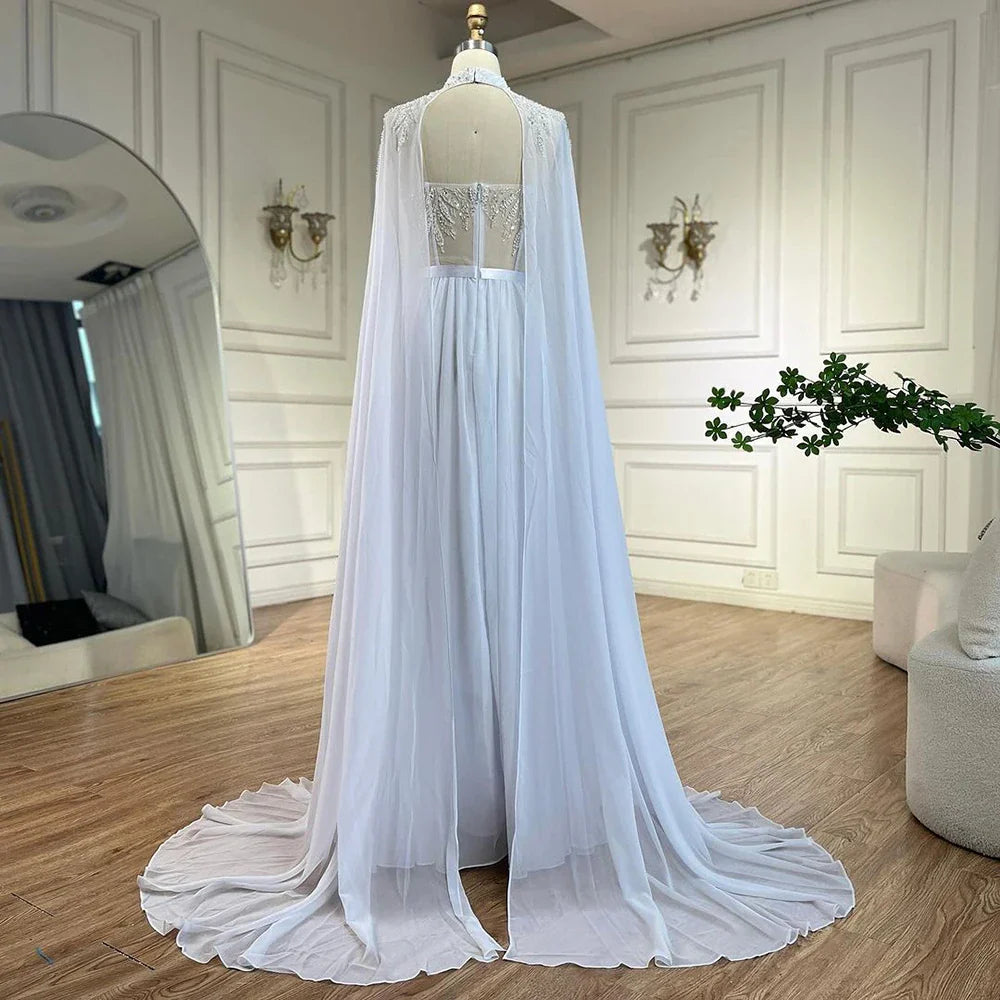Vestido de sirena árabe de encaje blanco con cuentas y capa larga desmontable | Vestido de noche para mujer, fiesta de boda 2025 LA72415