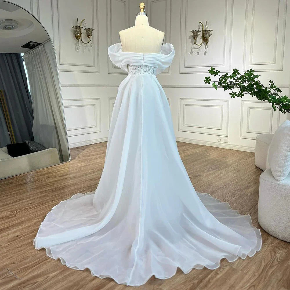 Arabic White Beaded Mermaid Elegant With Overskirt Luxury Dubai Evening Dresses Gowns for Women's Party 2025 LA72398