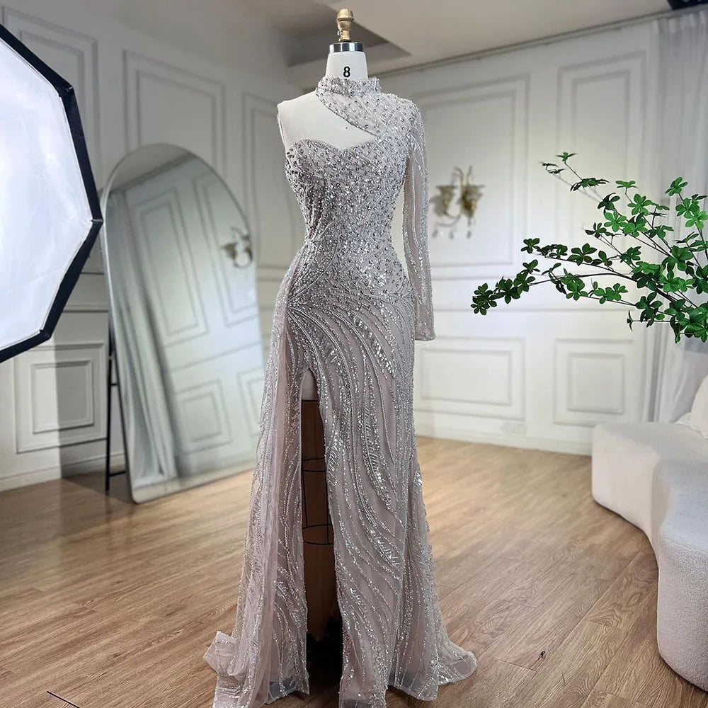 Vestido de noche árabe blanco nude estilo sirena, elegante, de un solo hombro, de lujo, con cuentas, para mujer, fiesta 2025 LA72196