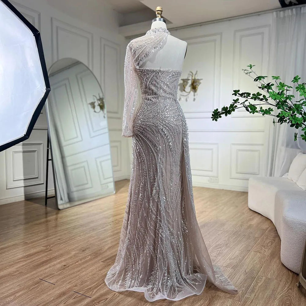 Vestido de noche árabe blanco nude estilo sirena, elegante, de un solo hombro, de lujo, con cuentas, para mujer, fiesta 2025 LA72196