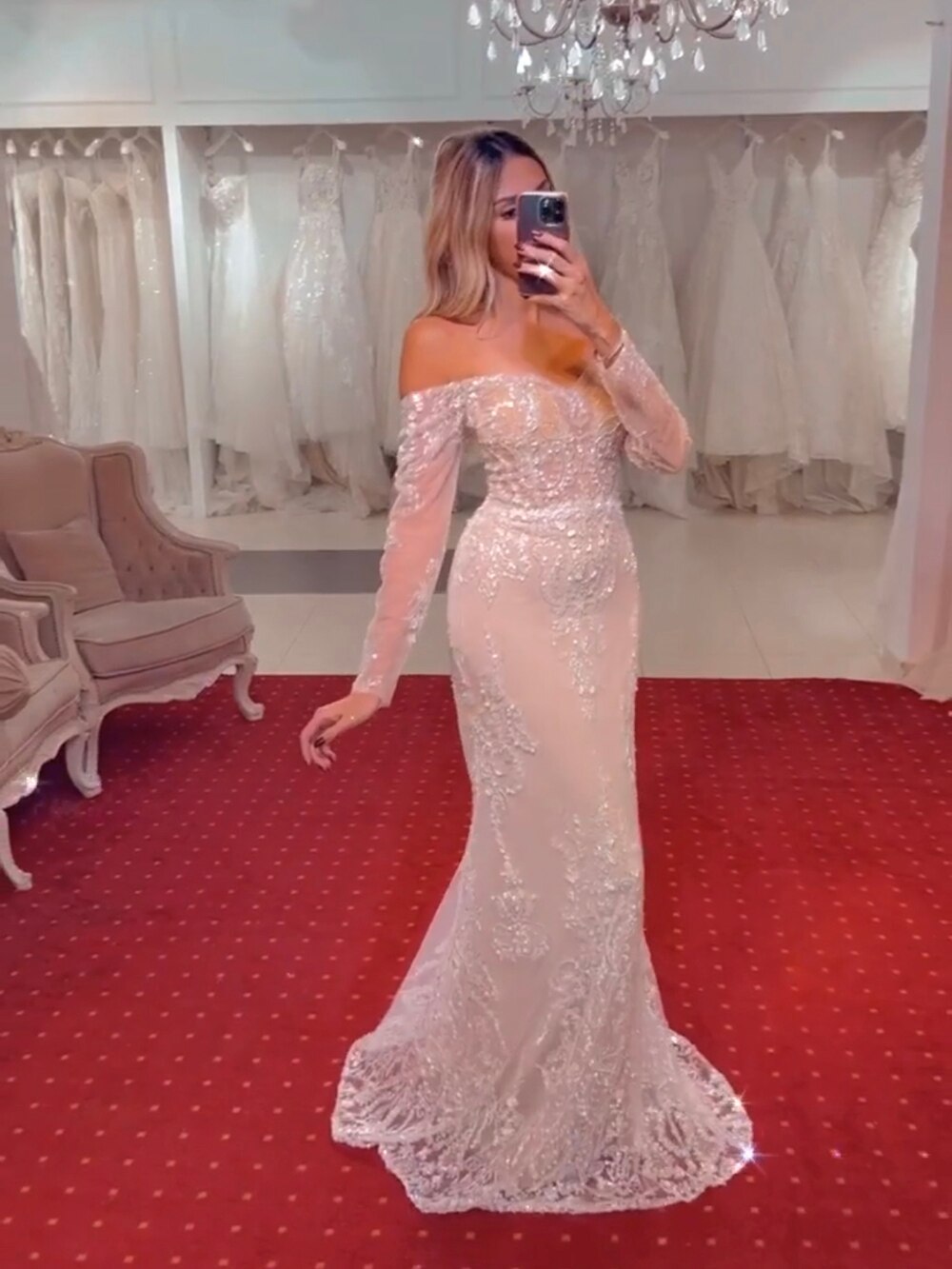 Arabisch Weiß Nude Meerjungfrau Elegante Sexy Weg Von Der Schulter Abendkleider Kleider Luxus Pailletten 2025 Party LA71892