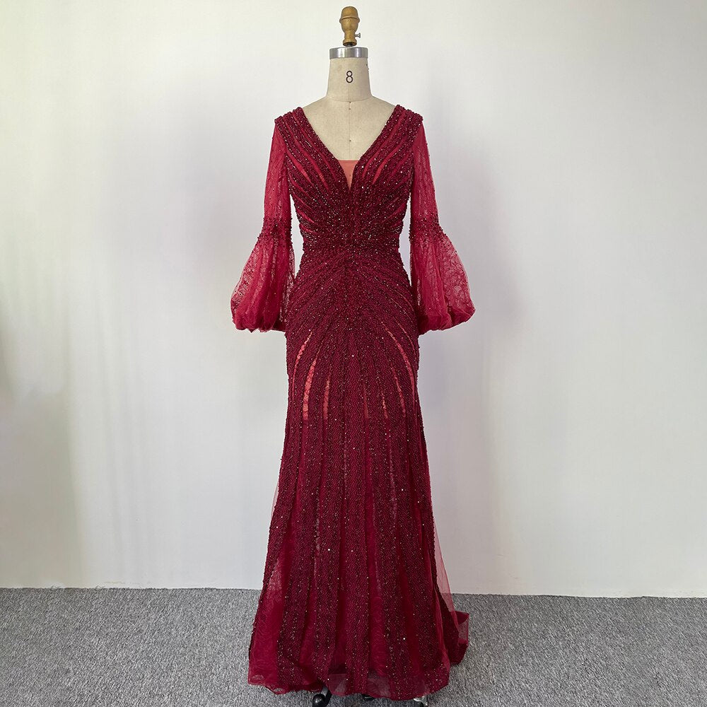Vestido de noche elegante de sirena, color rojo vino, con mangas abullonadas y encaje con cuentas, para mujer, boda, fiesta, LA71927