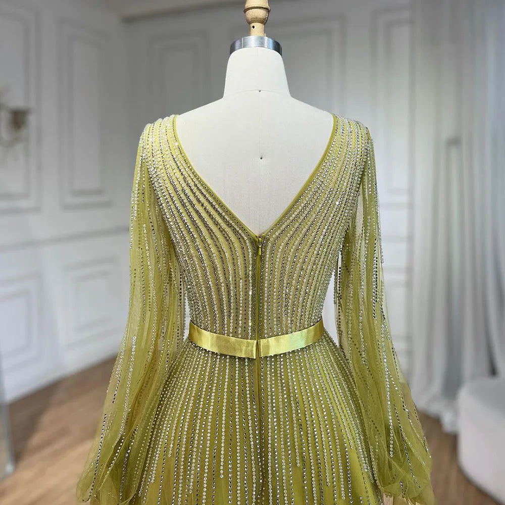 Elegante vestido de noche árabe amarillo de corte A con cuentas de lujo de Dubái para mujer, vestido de fiesta de boda 2025 LA72300