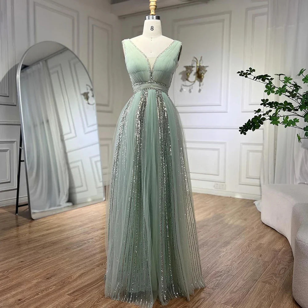Vestidos de noche árabes de lujo con mangas abullonadas amarillas, corte A, con cuentas, para mujer, 2025, LA72279