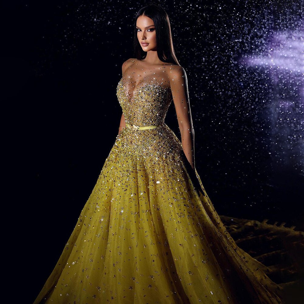 Vestidos de noche árabes amarillos con ilusión, sexys, de lujo, con abertura alta y cuentas, para mujer, para fiesta de boda 2025 LA71916