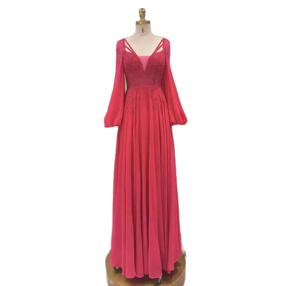 Vestido de noche largo de lujo con cuentas brillantes, corte A, color fucsia árabe, para mujer, fiesta 2025, LA72380